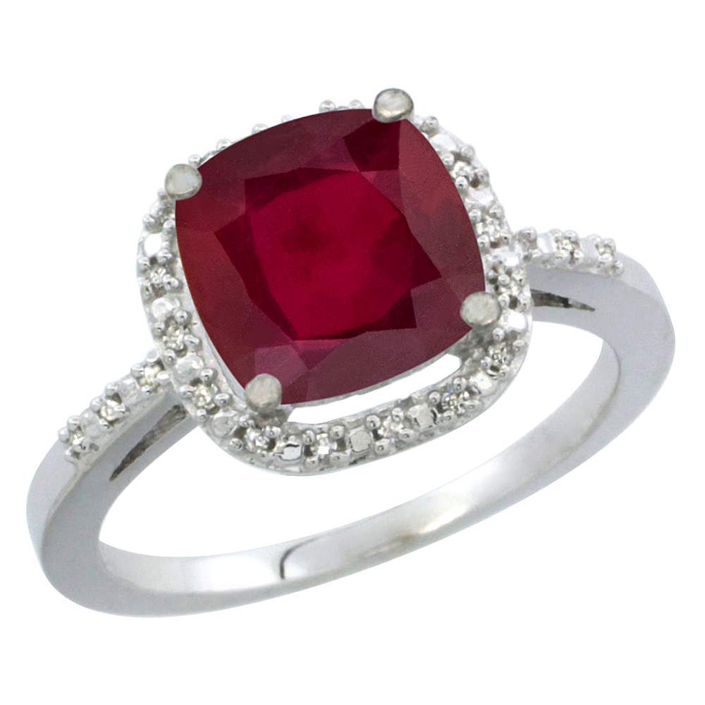 10K White Gold Diamond and Enhanced Genuine Ruby Ring Cushion-cut 8x8mm, sizes 5-10