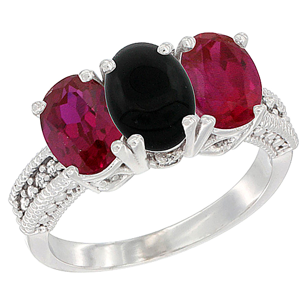 10K White Gold Natural Black Onyx &amp; Enhanced Ruby Sides Ring 3-Stone Oval 7x5 mm Diamond Accent, sizes 5 - 10