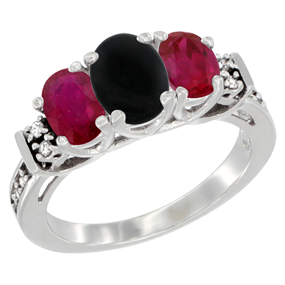 10K White Gold Natural Black Onyx &amp; Enhanced Ruby Ring 3-Stone Oval Diamond Accent, sizes 5-10