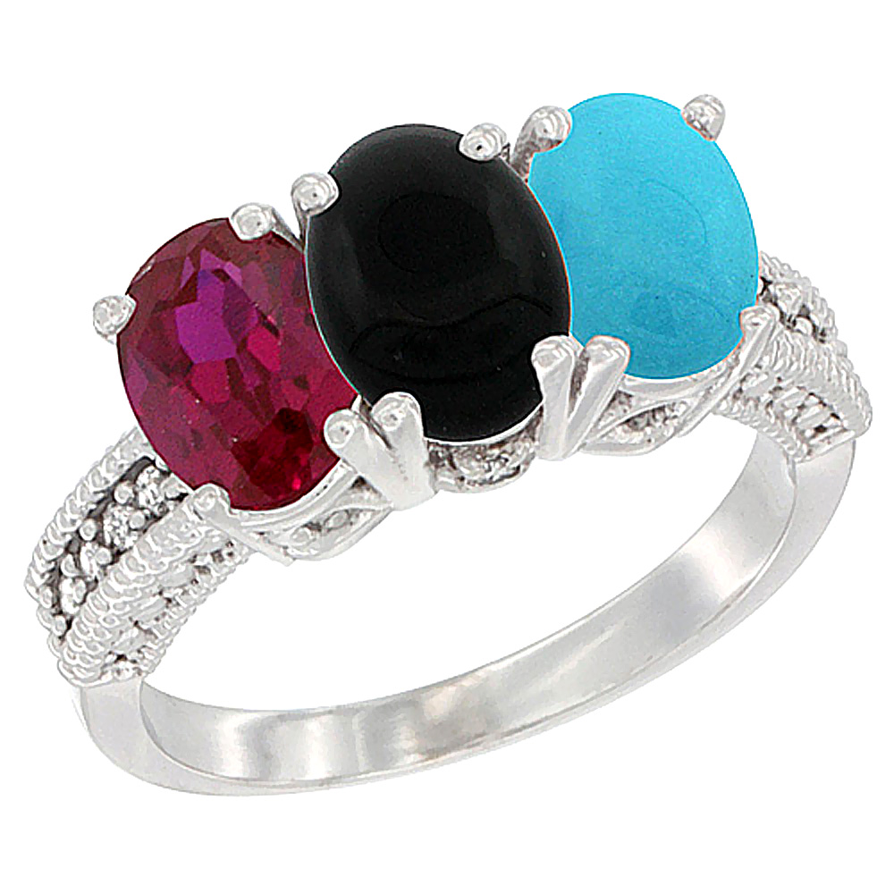 10K White Gold Enhanced Ruby, Natural Black Onyx & Turquoise Ring 3-Stone Oval 7x5 mm Diamond Accent, sizes 5 - 10