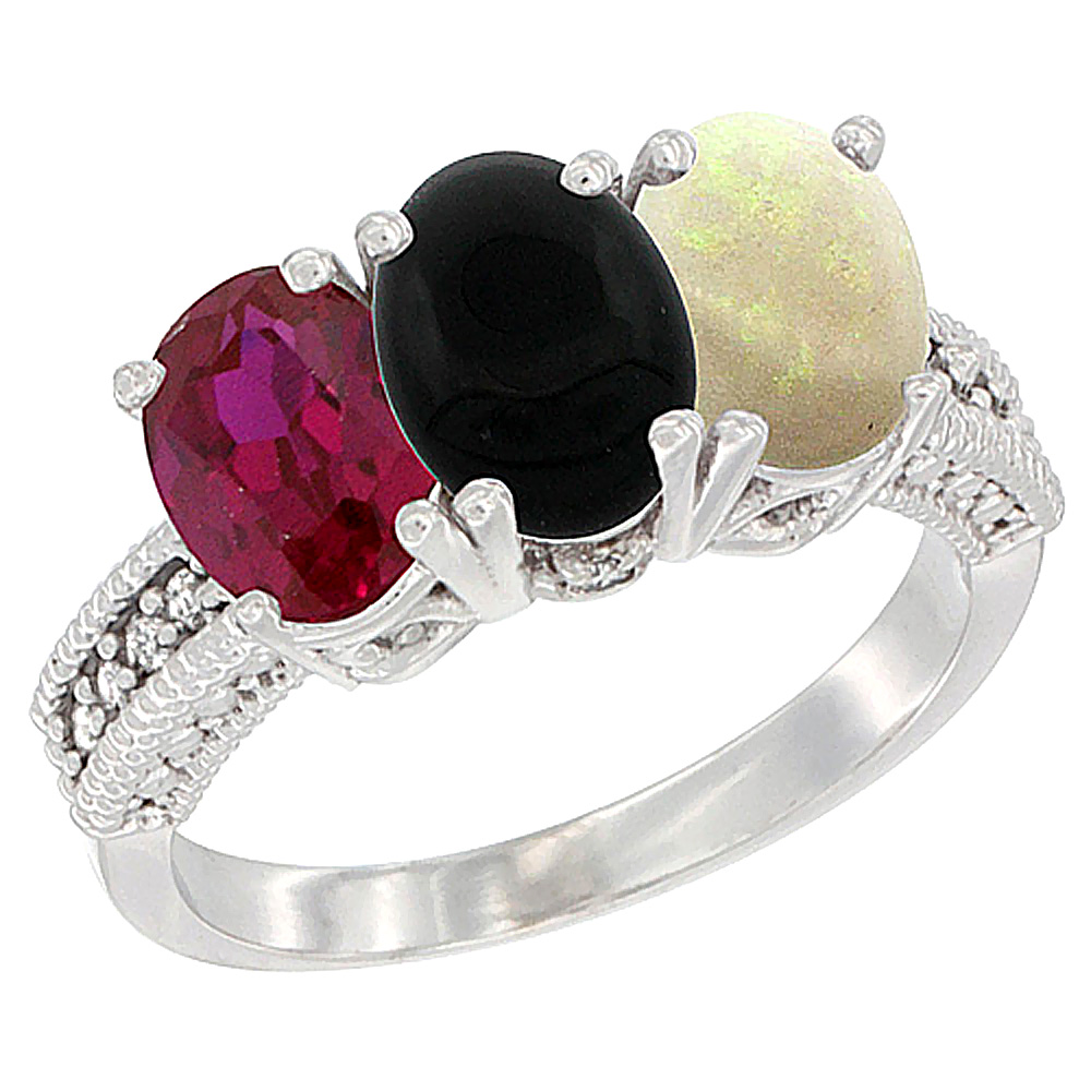 14K White Gold Enhanced Enhanced Ruby, Natural Black Onyx & Opal Ring 3-Stone Oval 7x5 mm Diamond Accent, sizes 5 - 10