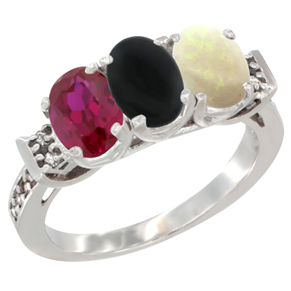 10K White Gold Enhanced Ruby, Natural Black Onyx & Opal Ring 3-Stone Oval 7x5 mm Diamond Accent, sizes 5 - 10