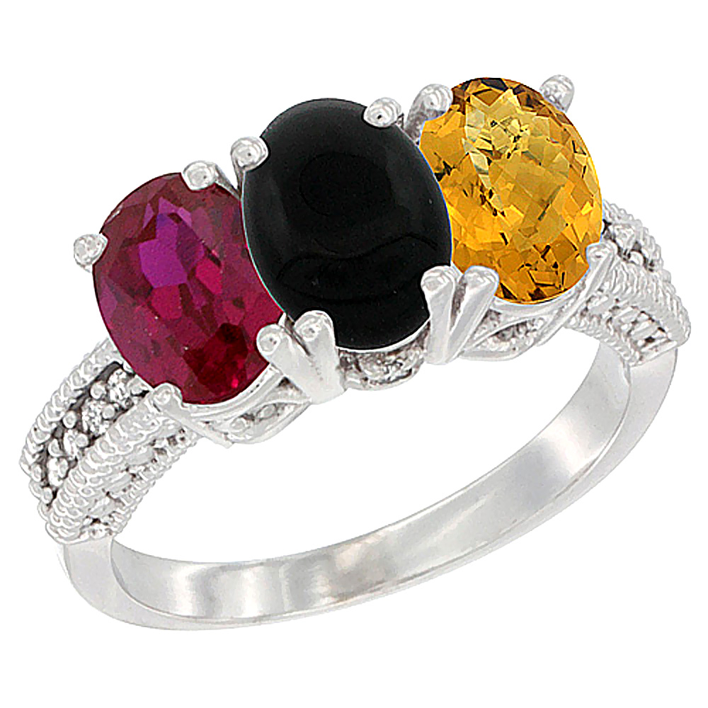 10K White Gold Enhanced Ruby, Natural Black Onyx & Whisky Quartz Ring 3-Stone Oval 7x5 mm Diamond Accent, sizes 5 - 10