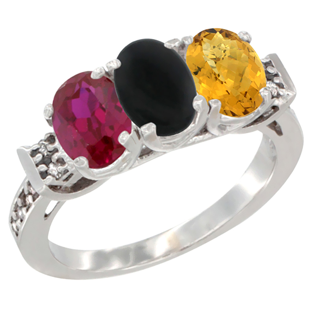 14K White Gold Enhanced Ruby, Natural Black Onyx & Whisky Quartz Ring 3-Stone Oval 7x5 mm Diamond Accent, sizes 5 - 10