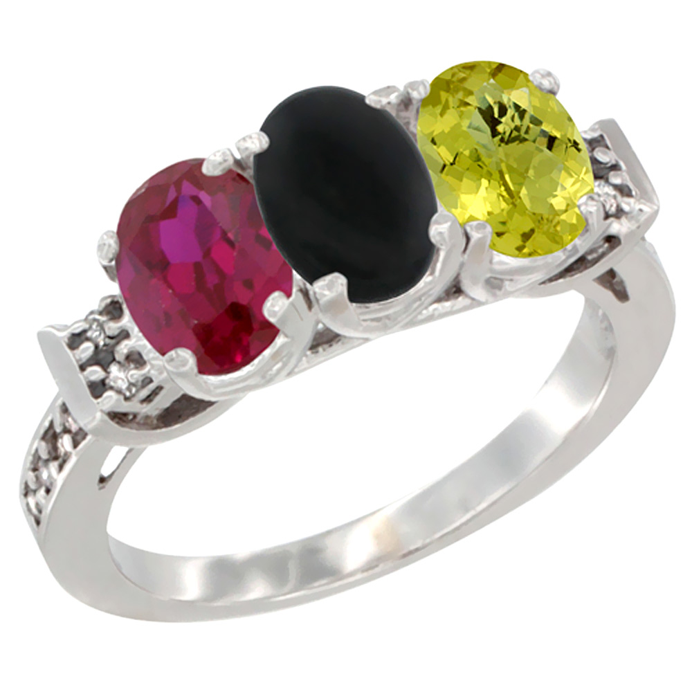 10K White Gold Enhanced Ruby, Natural Black Onyx & Lemon Quartz Ring 3-Stone Oval 7x5 mm Diamond Accent, sizes 5 - 10