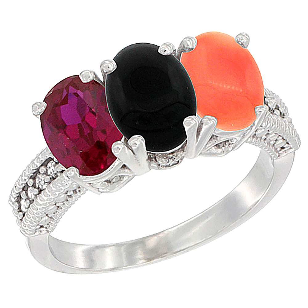 10K White Gold Enhanced Ruby, Natural Black Onyx & Coral Ring 3-Stone Oval 7x5 mm Diamond Accent, sizes 5 - 10