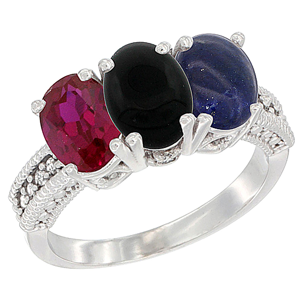 10K White Gold Enhanced Ruby, Natural Black Onyx & Lapis Ring 3-Stone Oval 7x5 mm Diamond Accent, sizes 5 - 10