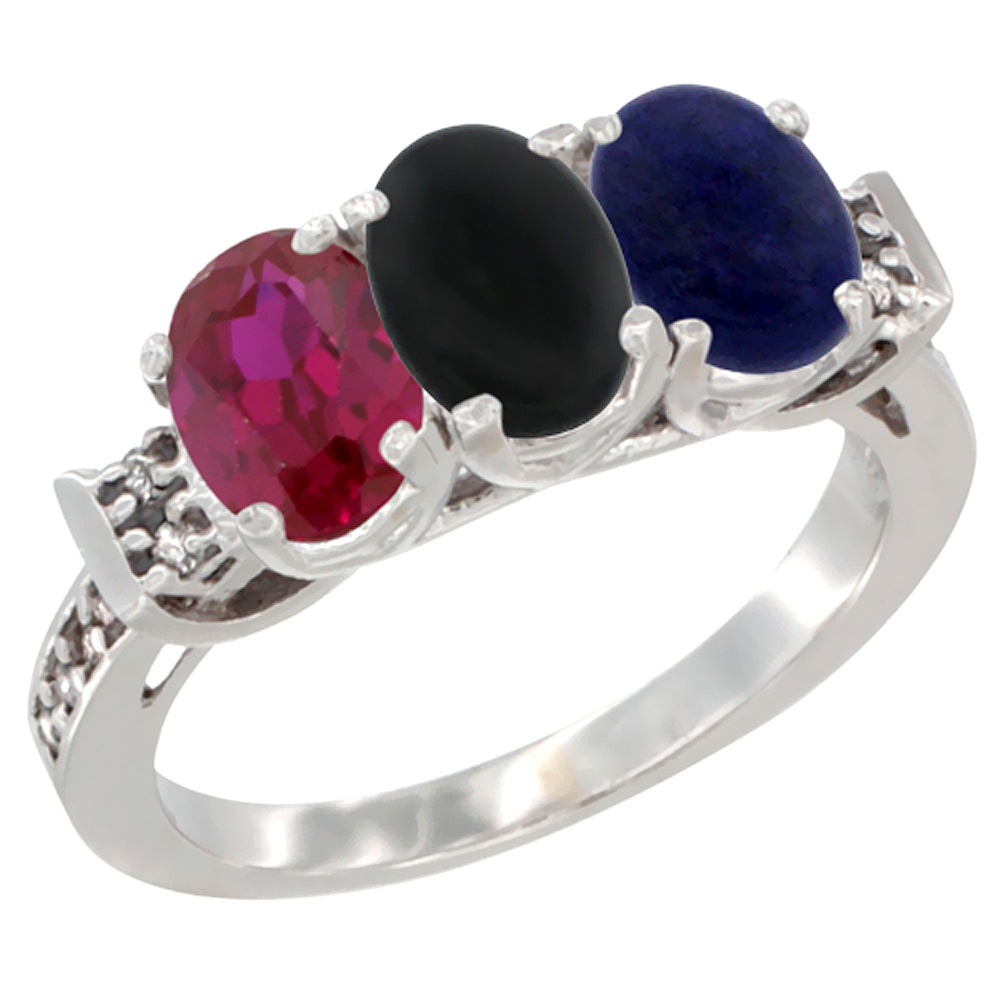 14K White Gold Enhanced Ruby, Natural Black Onyx & Lapis Ring 3-Stone Oval 7x5 mm Diamond Accent, sizes 5 - 10