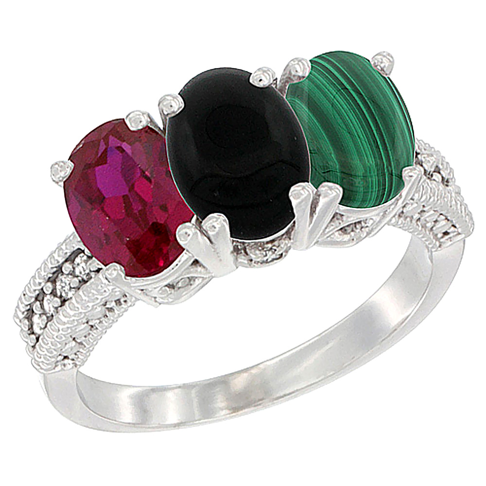 10K White Gold Enhanced Ruby, Natural Black Onyx & Malachite Ring 3-Stone Oval 7x5 mm Diamond Accent, sizes 5 - 10