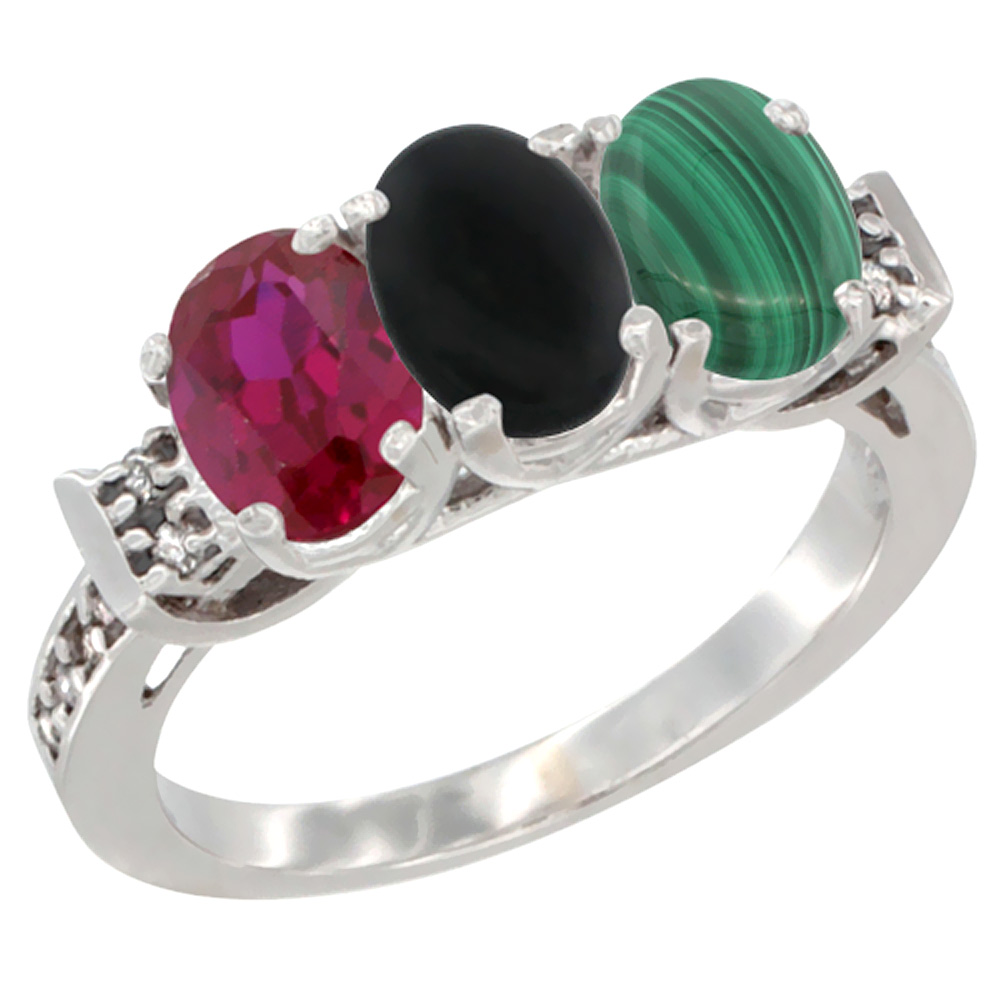 14K White Gold Enhanced Ruby, Natural Black Onyx & Malachite Ring 3-Stone Oval 7x5 mm Diamond Accent, sizes 5 - 10