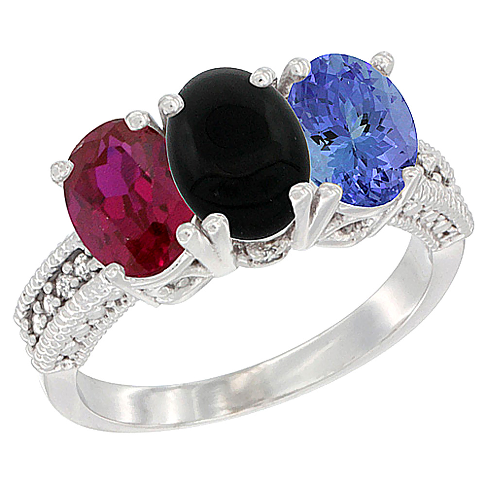 14K White Gold Enhanced Enhanced Ruby, Natural Black Onyx & Tanzanite Ring 3-Stone Oval 7x5 mm Diamond Accent, sizes 5 - 10