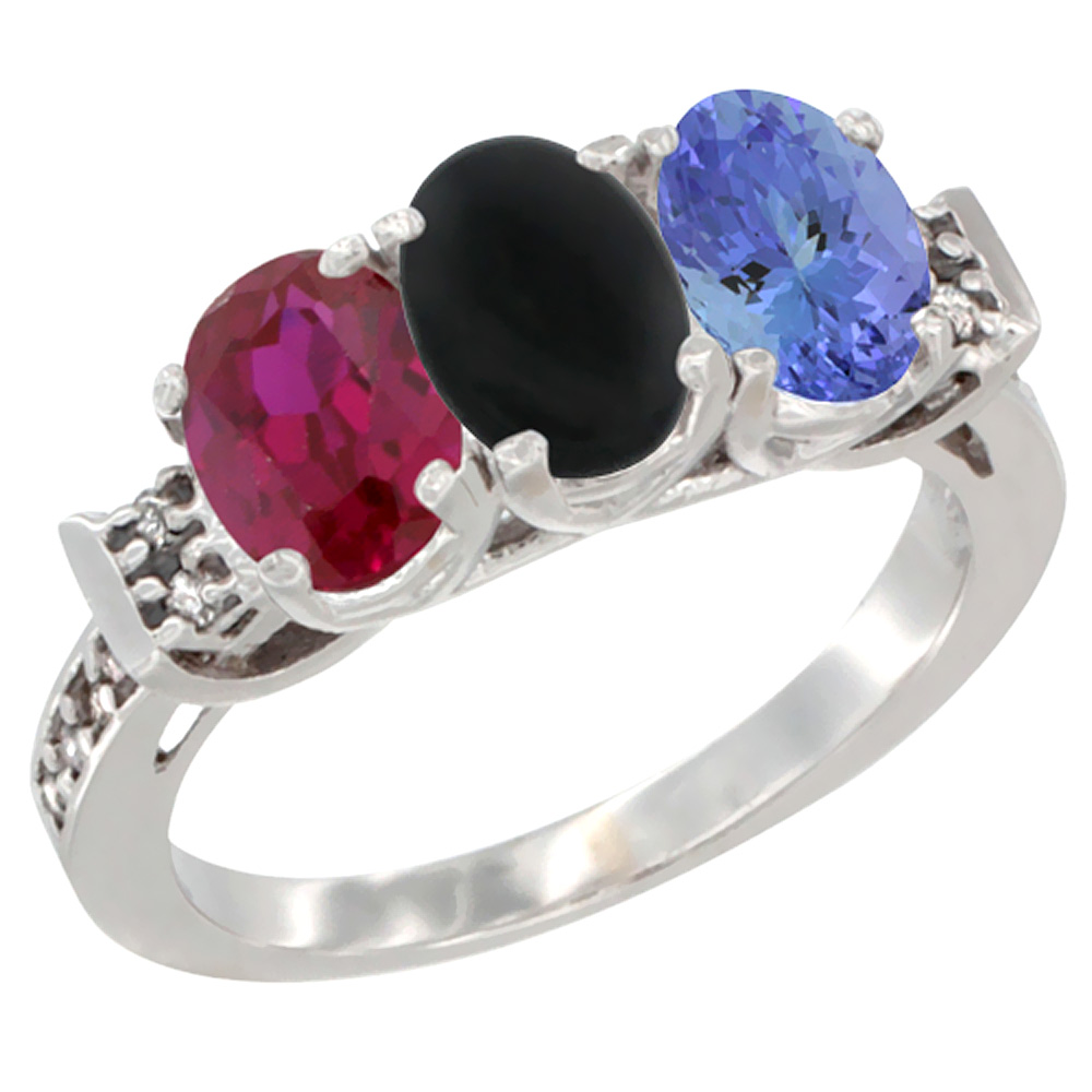 10K White Gold Enhanced Ruby, Natural Black Onyx & Tanzanite Ring 3-Stone Oval 7x5 mm Diamond Accent, sizes 5 - 10