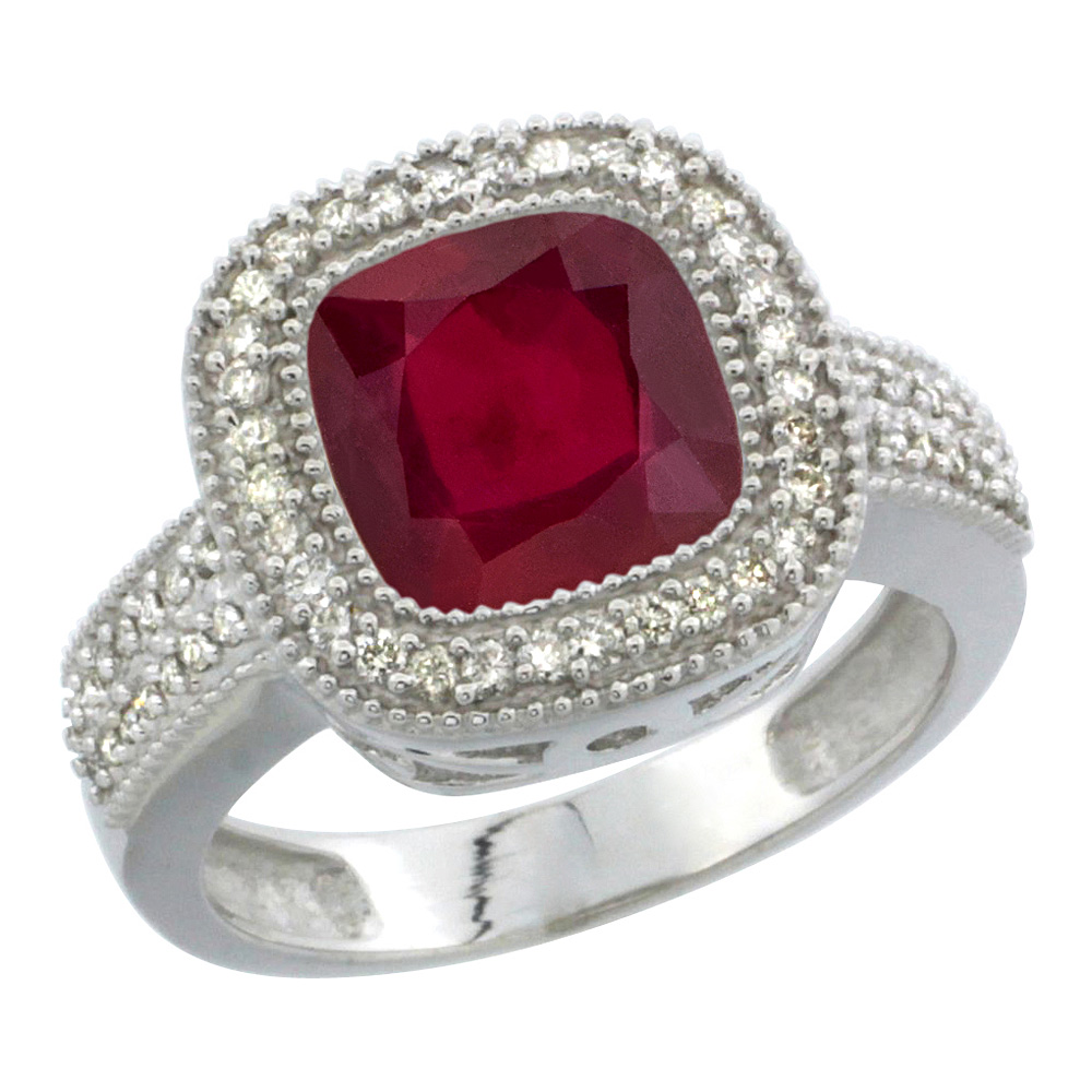 10K Yellow Gold Diamond and Enhanced Genuine Ruby Ring Cushion-cut 9x9mm, sizes 5-10