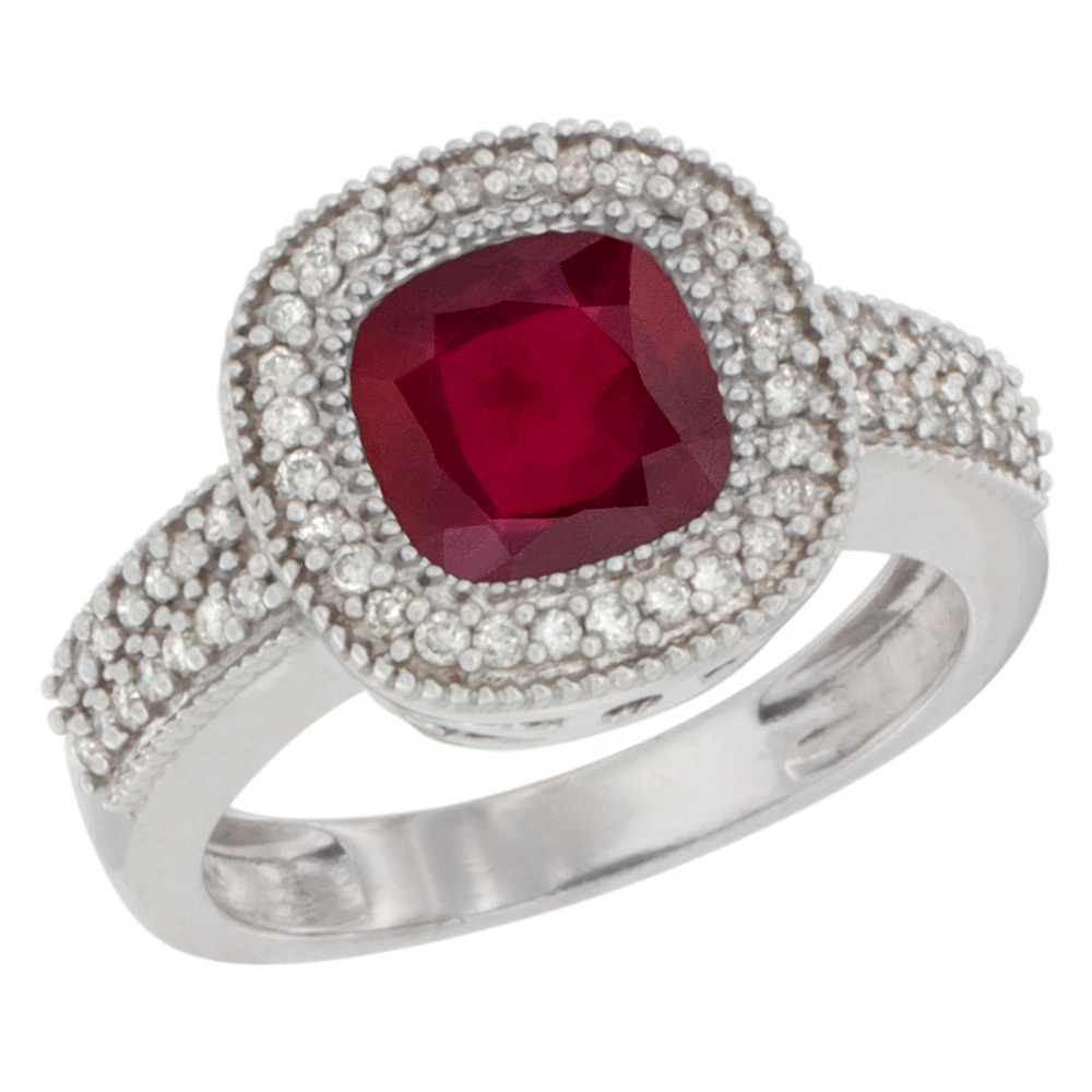 14K Yellow Gold Diamond and Enhanced Genuine Ruby Ring Cushion-cut 7x7mm, sizes 5-10