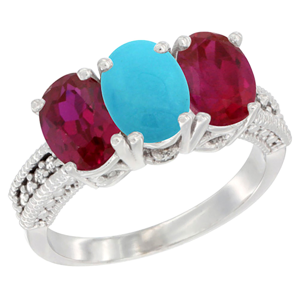 10K White Gold Natural Turquoise & Enhanced Ruby Sides Ring 3-Stone Oval 7x5 mm Diamond Accent, sizes 5 - 10