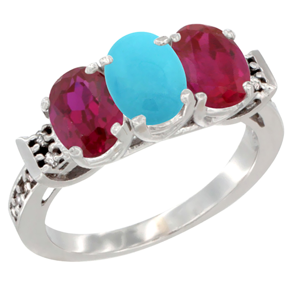 14K White Gold Natural Turquoise & Enhanced Ruby Sides Ring 3-Stone Oval 7x5 mm Diamond Accent, sizes 5 - 10