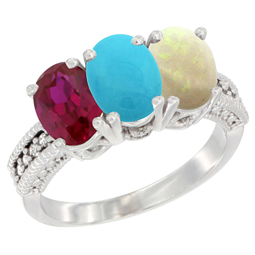 10K White Gold Enhanced Ruby, Natural Turquoise & Opal Ring 3-Stone Oval 7x5 mm Diamond Accent, sizes 5 - 10