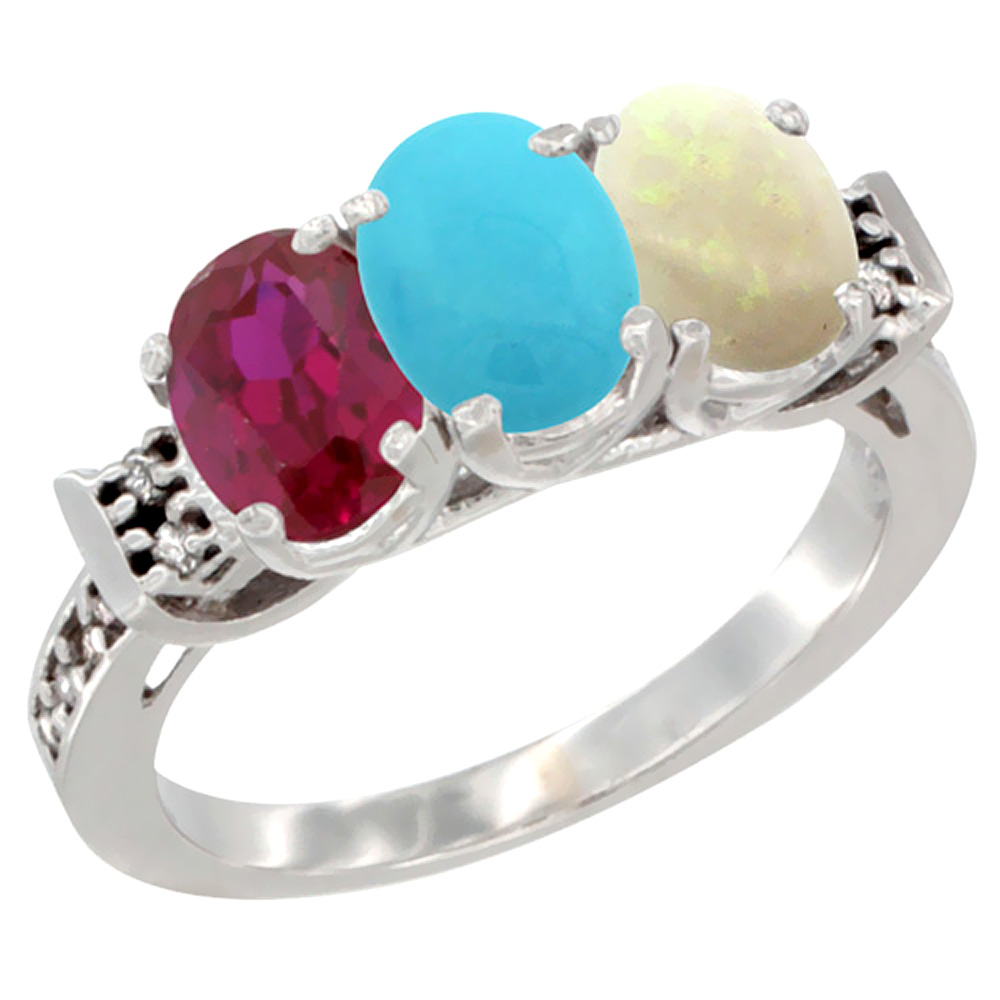 10K White Gold Enhanced Ruby, Natural Turquoise &amp; Opal Ring 3-Stone Oval 7x5 mm Diamond Accent, sizes 5 - 10