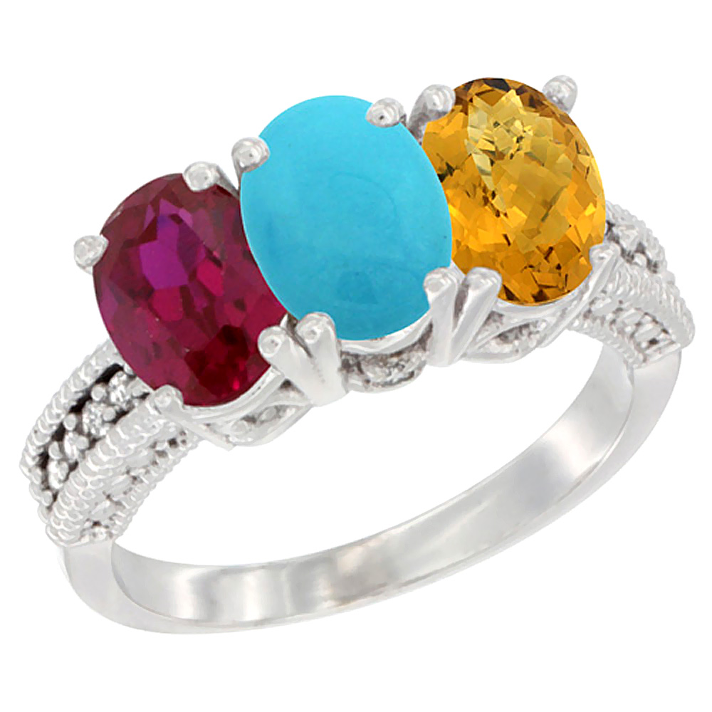 10K White Gold Enhanced Ruby, Natural Turquoise & Whisky Quartz Ring 3-Stone Oval 7x5 mm Diamond Accent, sizes 5 - 10