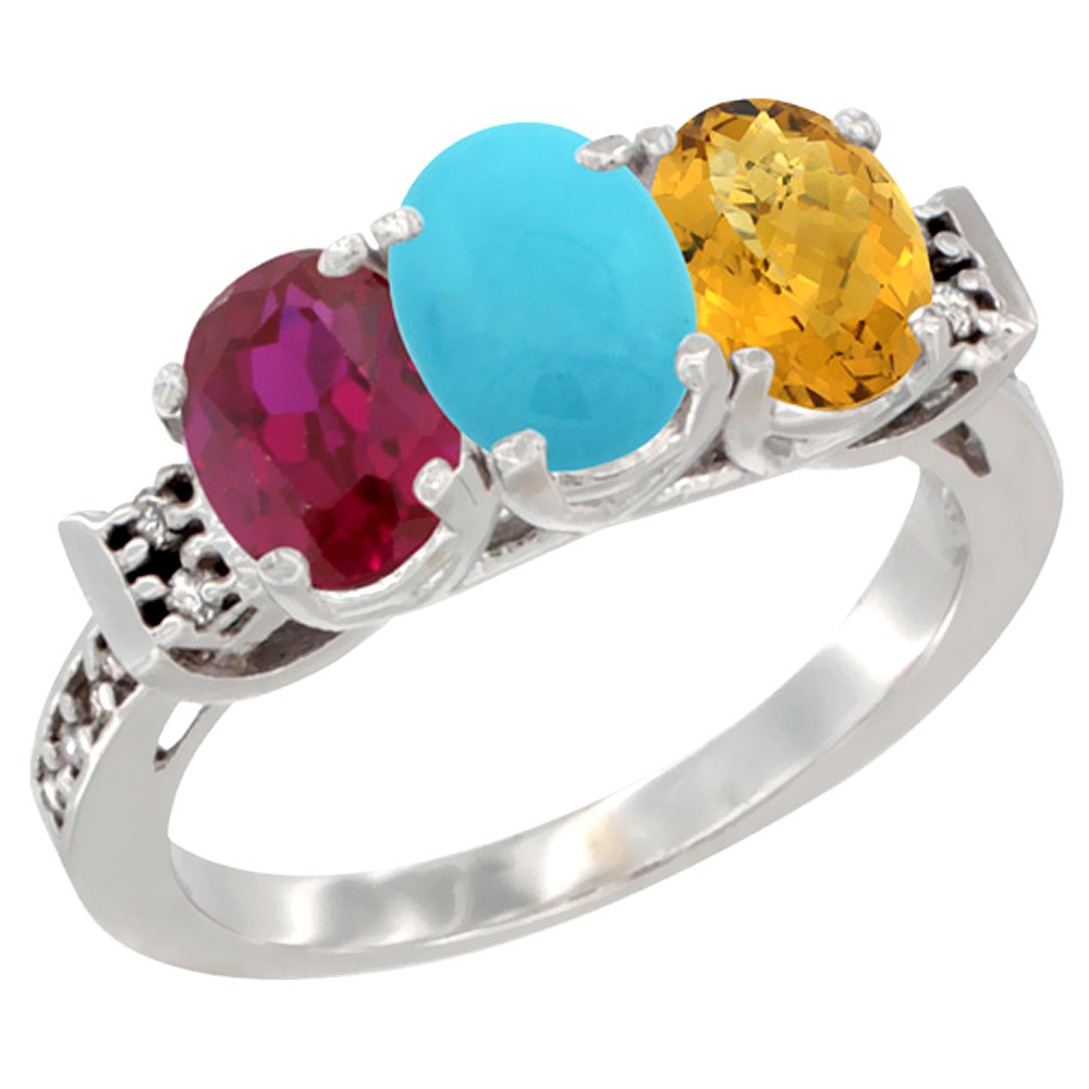 14K White Gold Enhanced Ruby, Natural Turquoise &amp; Whisky Quartz Ring 3-Stone Oval 7x5 mm Diamond Accent, sizes 5 - 10