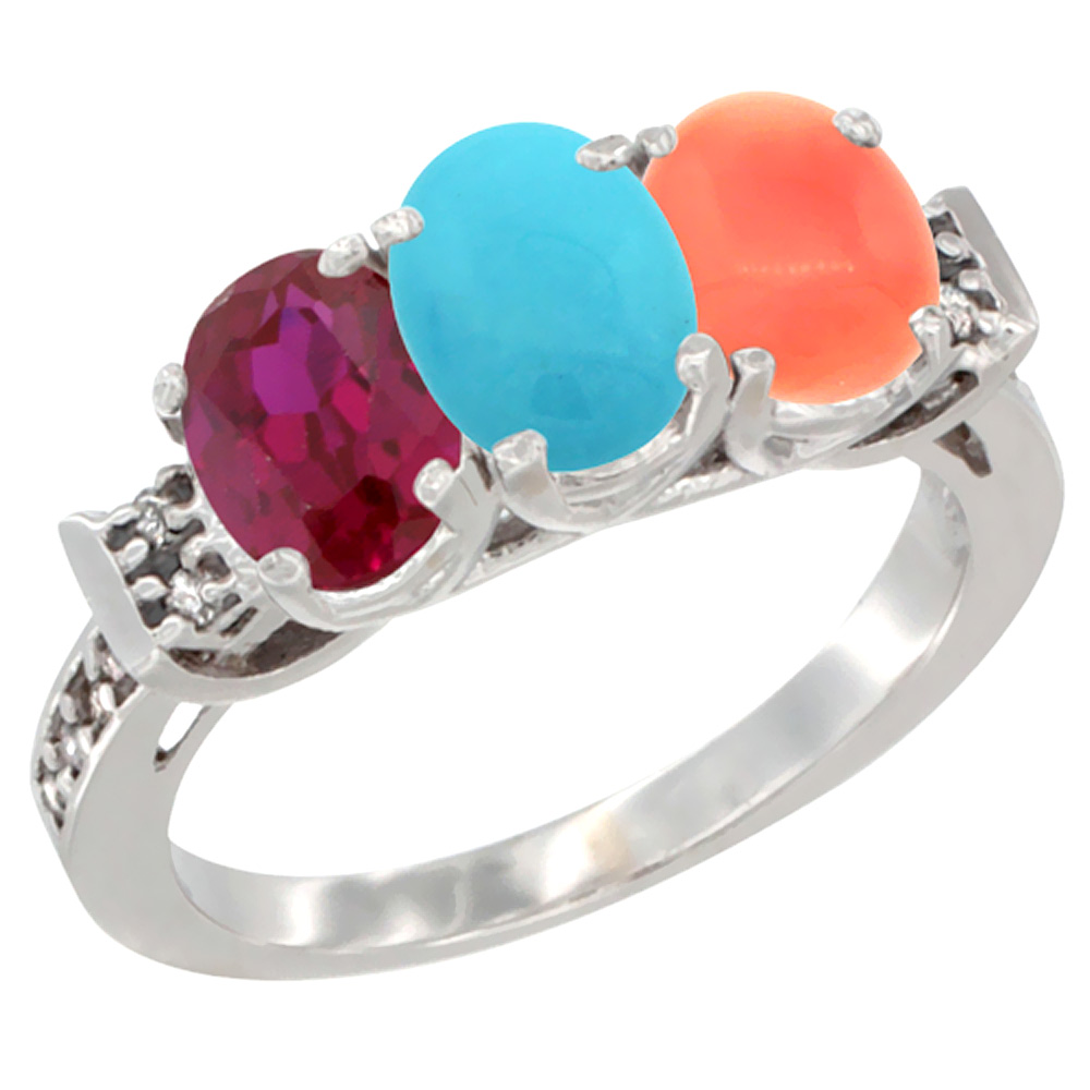 10K White Gold Enhanced Ruby, Natural Turquoise &amp; Coral Ring 3-Stone Oval 7x5 mm Diamond Accent, sizes 5 - 10