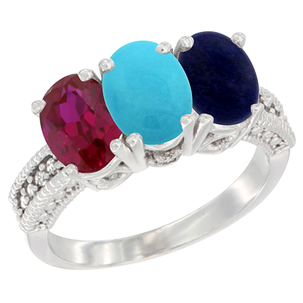 14K White Gold Enhanced Enhanced Ruby, Natural Turquoise &amp; Lapis Ring 3-Stone Oval 7x5 mm Diamond Accent, sizes 5 - 10