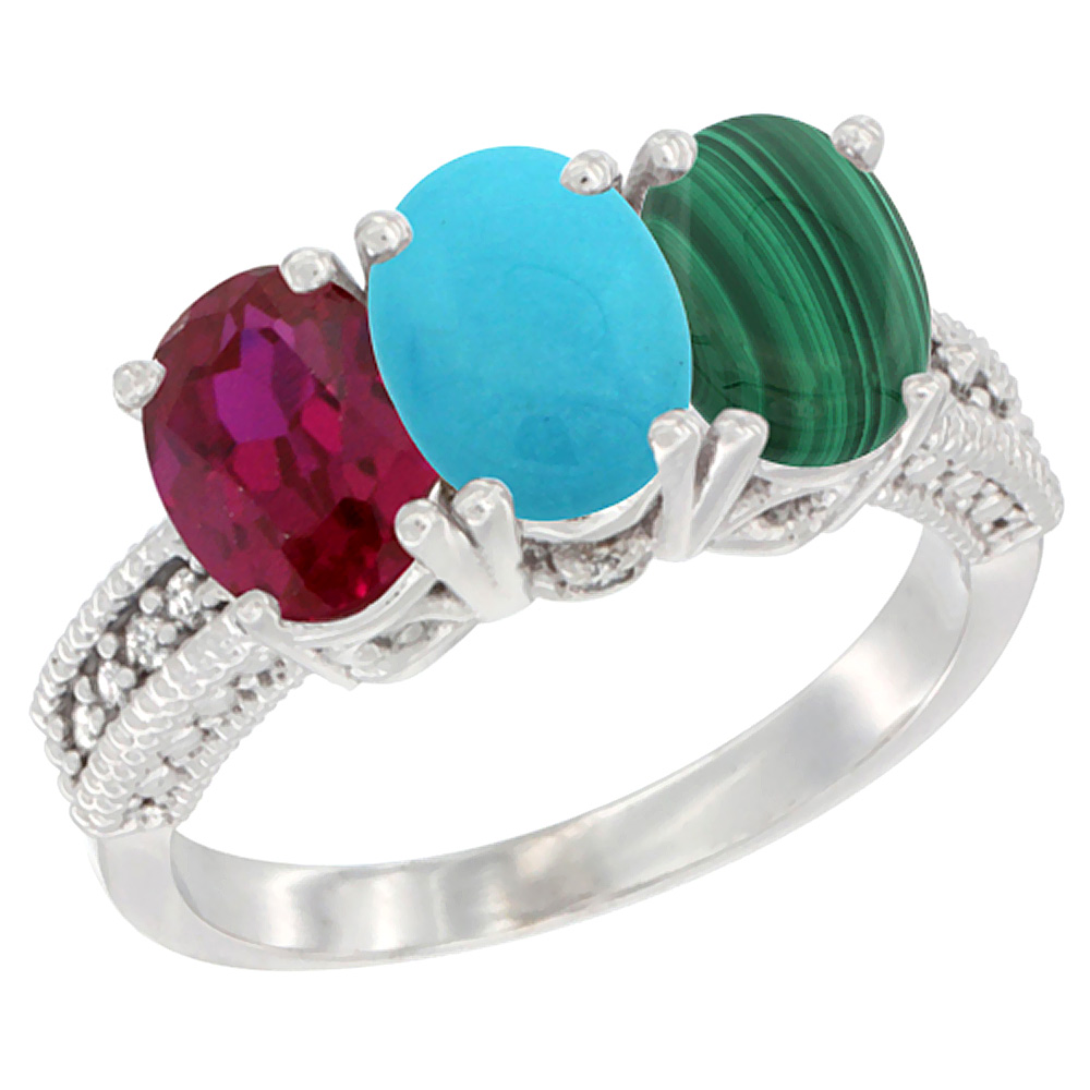 14K White Gold Enhanced Enhanced Ruby, Natural Turquoise &amp; Malachite Ring 3-Stone Oval 7x5 mm Diamond Accent, sizes 5 - 10