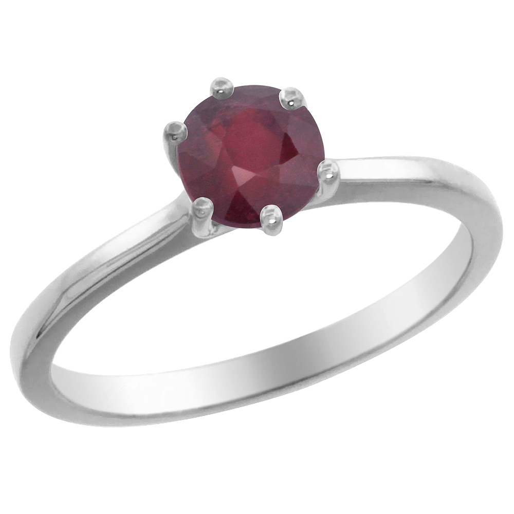 14K White Gold Natural Enhanced Genuine Ruby Solitaire Ring Round 6mm, sizes 5 - 10