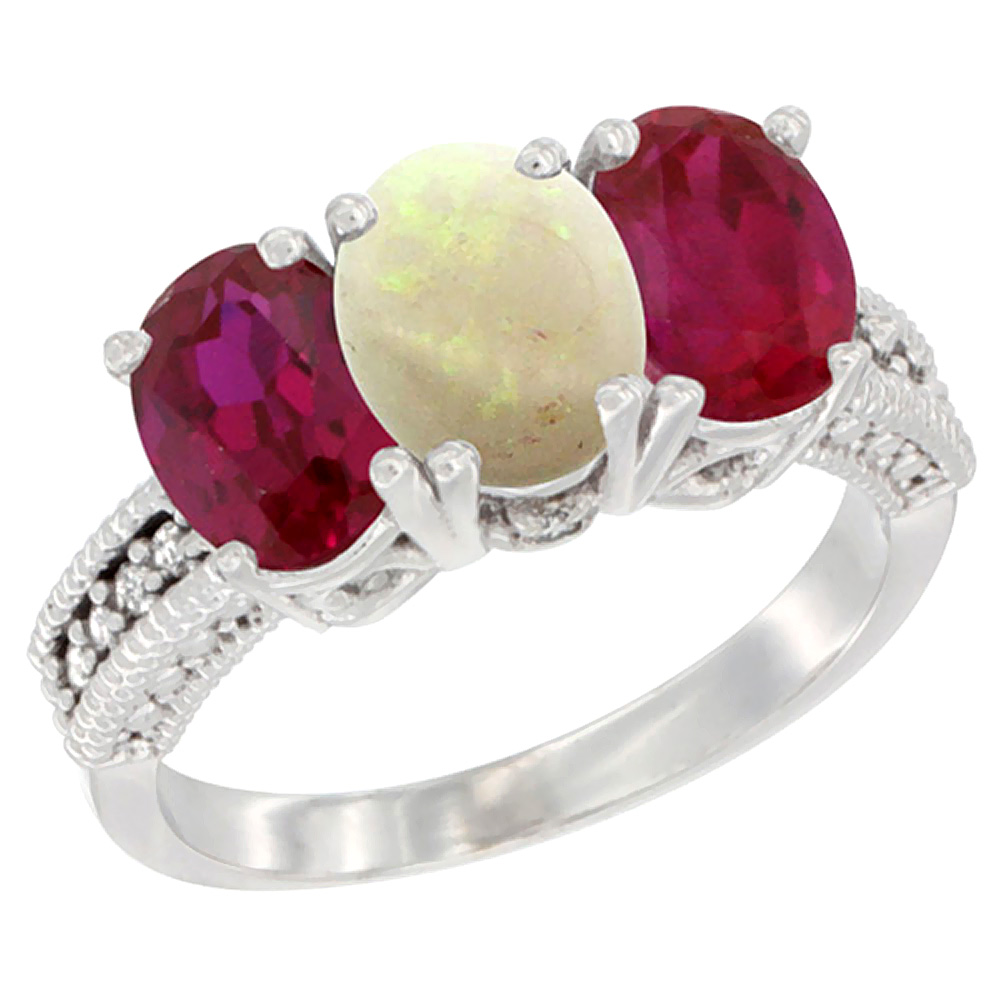 10K White Gold Diamond Natural Opal &amp; Enhanced Ruby Ring 3-Stone 7x5 mm Oval, sizes 5 - 10