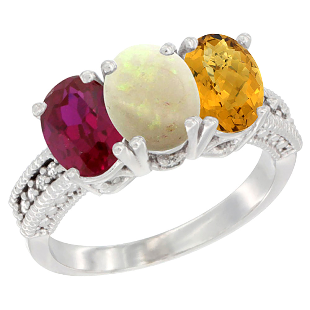 10K White Gold Diamond Enhanced Ruby, Natural Opal &amp; Whisky Quartz Ring 3-Stone 7x5 mm Oval, sizes 5 - 10