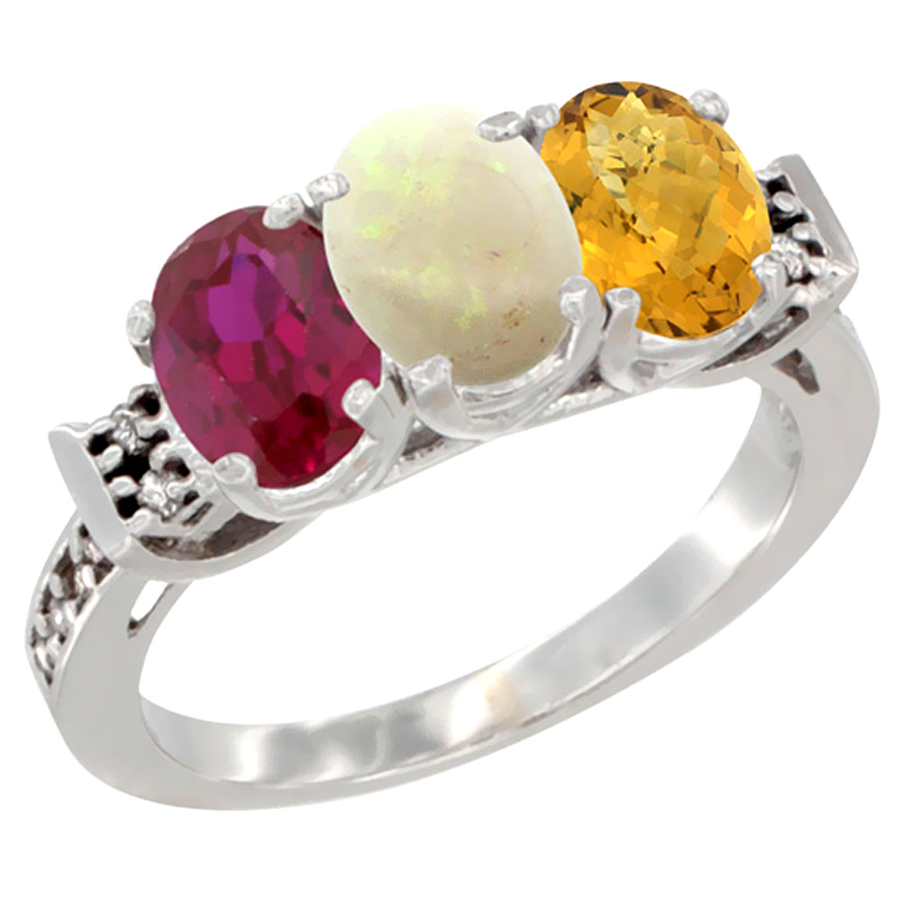 14K White Gold Enhanced Ruby, Natural Opal & Whisky Quartz Ring 3-Stone Oval 7x5 mm Diamond Accent, sizes 5 - 10