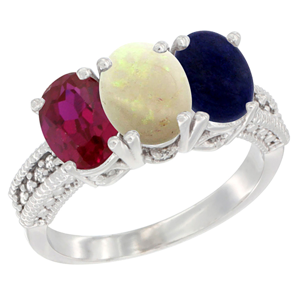 10K White Gold Diamond Enhanced Ruby, Natural Opal &amp; Lapis Ring 3-Stone 7x5 mm Oval, sizes 5 - 10