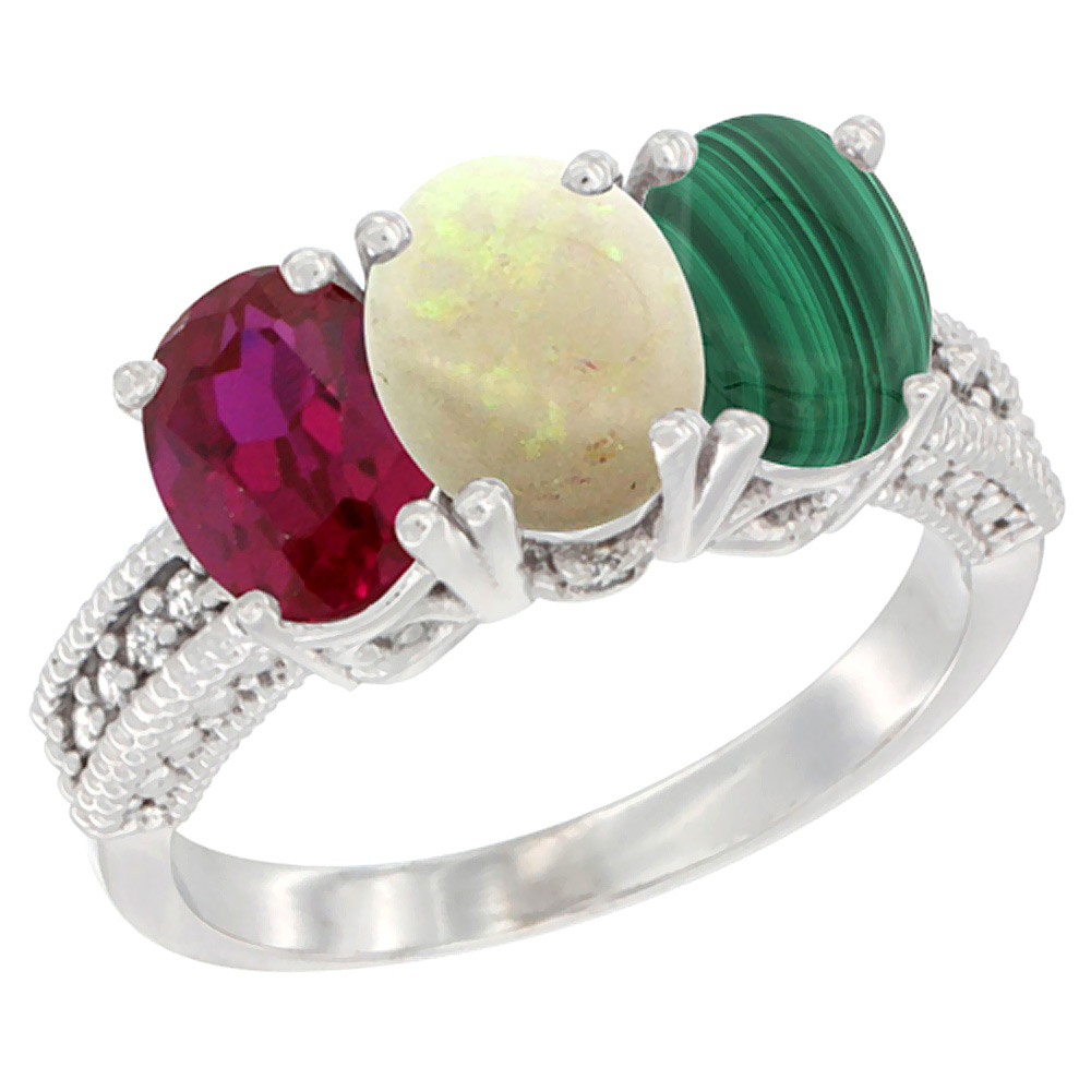 10K White Gold Diamond Enhanced Ruby, Natural Opal & Malachite Ring 3-Stone 7x5 mm Oval, sizes 5 - 10