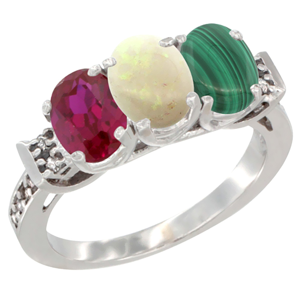 10K White Gold Enhanced Ruby, Natural Opal & Malachite Ring 3-Stone Oval 7x5 mm Diamond Accent, sizes 5 - 10