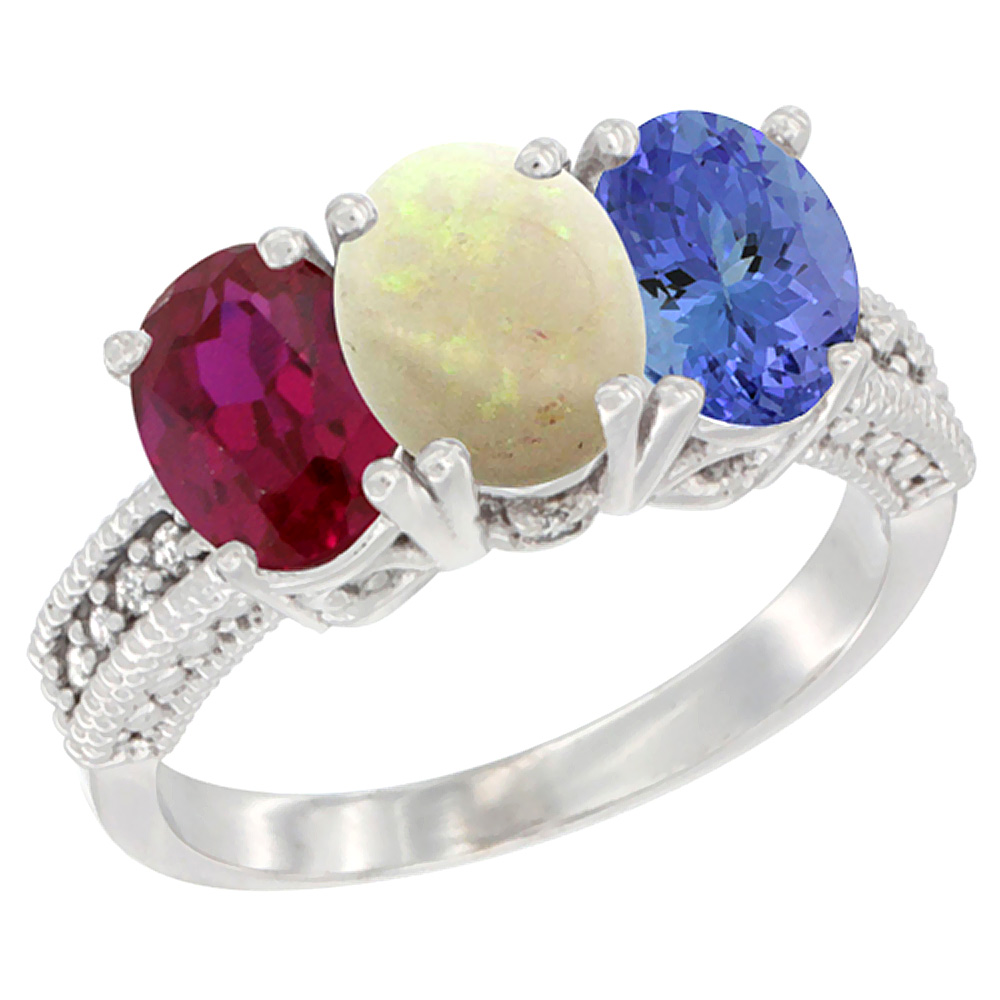 10K White Gold Diamond Enhanced Ruby, Natural Opal & Tanzanite Ring 3-Stone 7x5 mm Oval, sizes 5 - 10