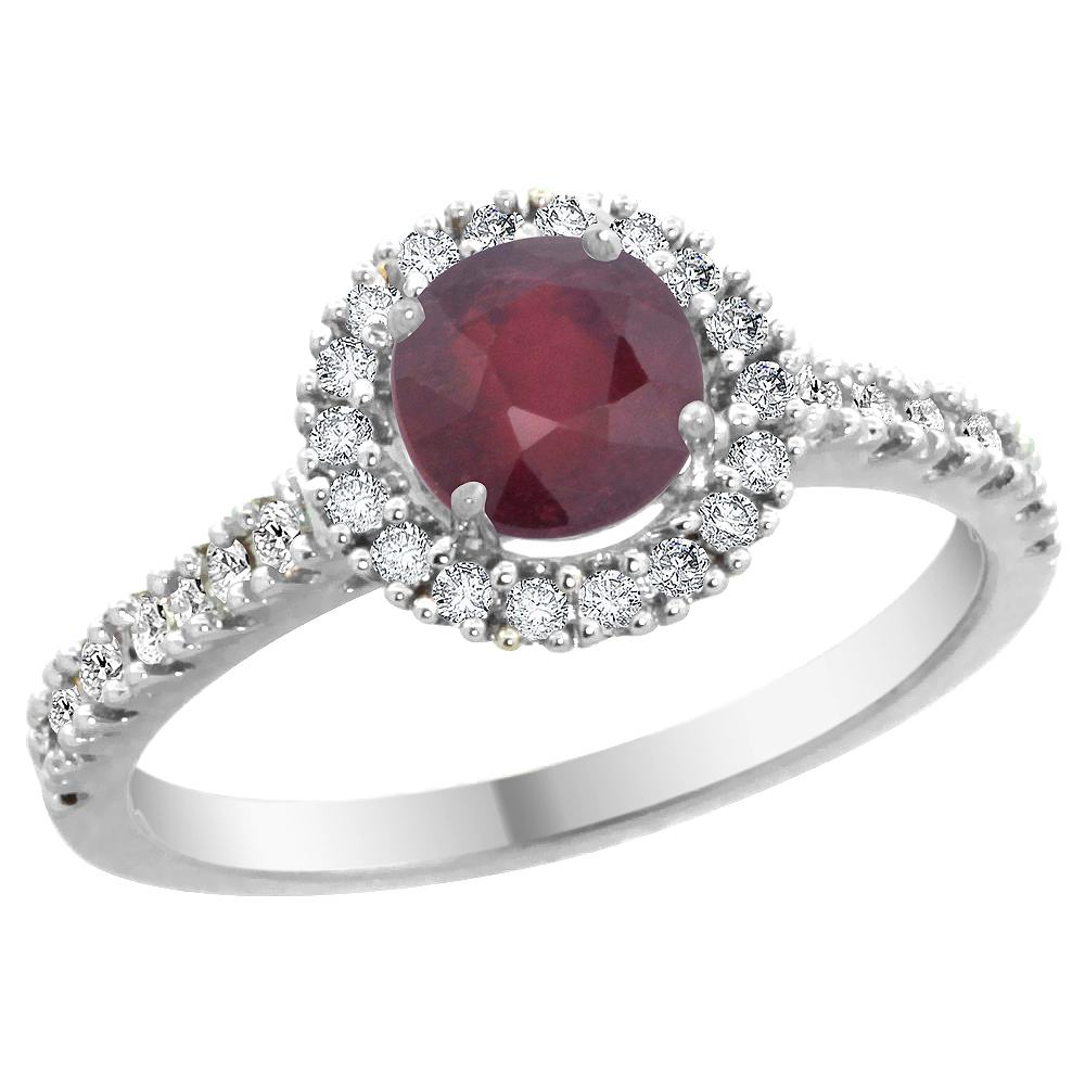 14K White Gold Diamond Halo Enhanced Genuine Ruby Ring Round 6mm, sizes 5 - 10