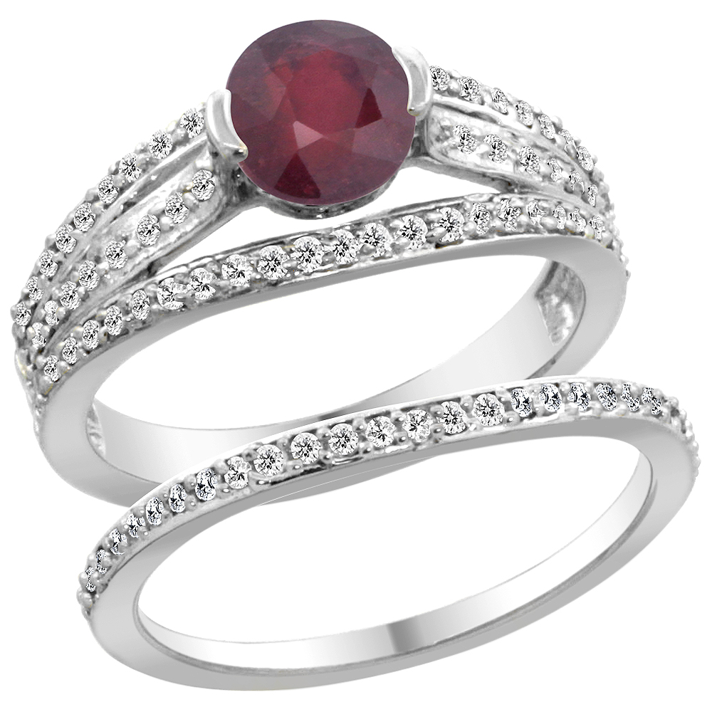 14K White Gold Natural Enhanced Ruby 2-piece Engagement Ring Set Round 6mm, sizes 5 - 10