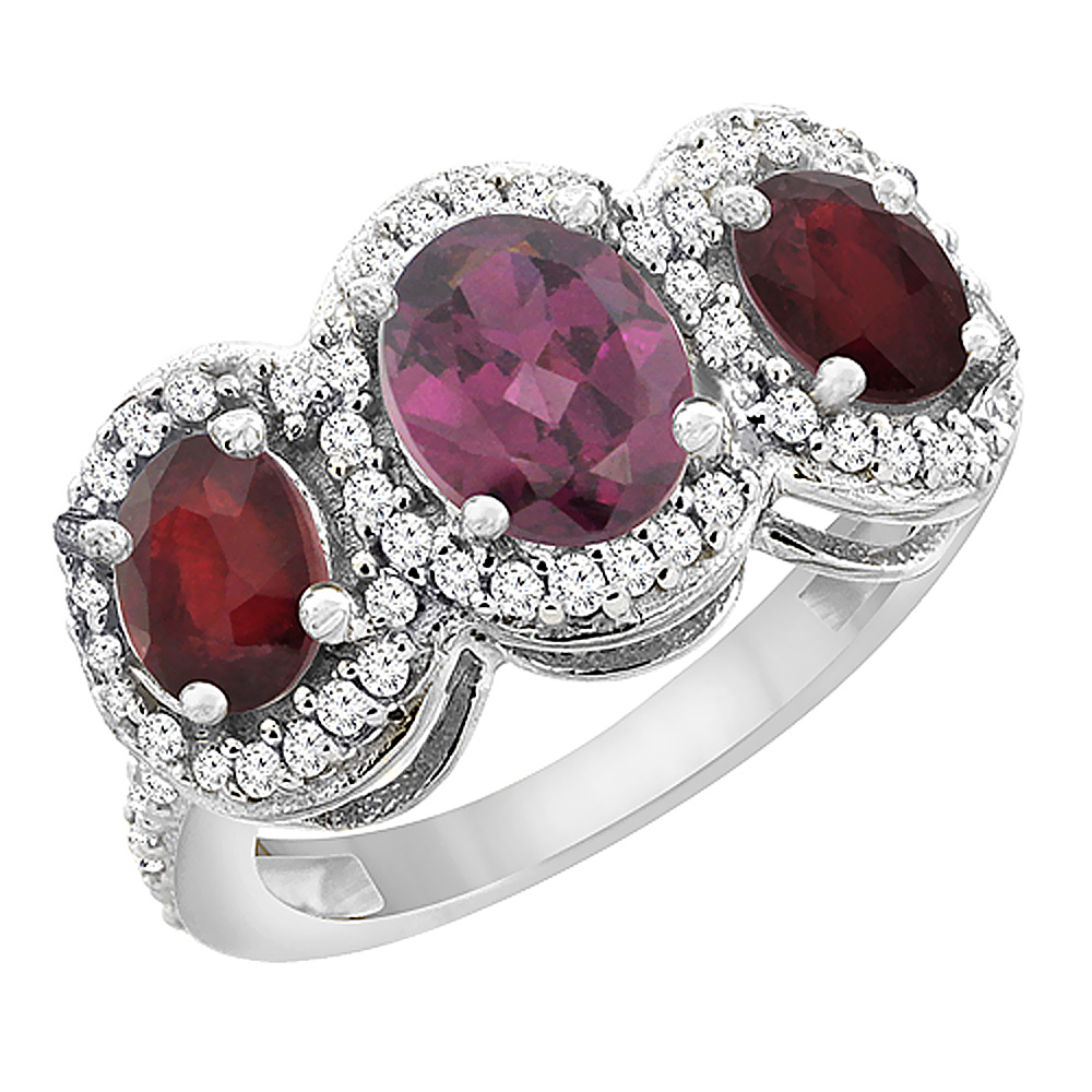 14K White Gold Natural Rhodolite &amp; Enhanced Ruby 3-Stone Ring Oval Diamond Accent, sizes 5 - 10