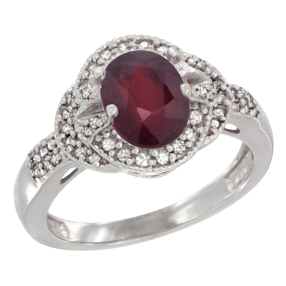 14K White Gold Diamond Natural Quality Ruby Engagement Ring Oval 8x6 mm, size 5 - 10