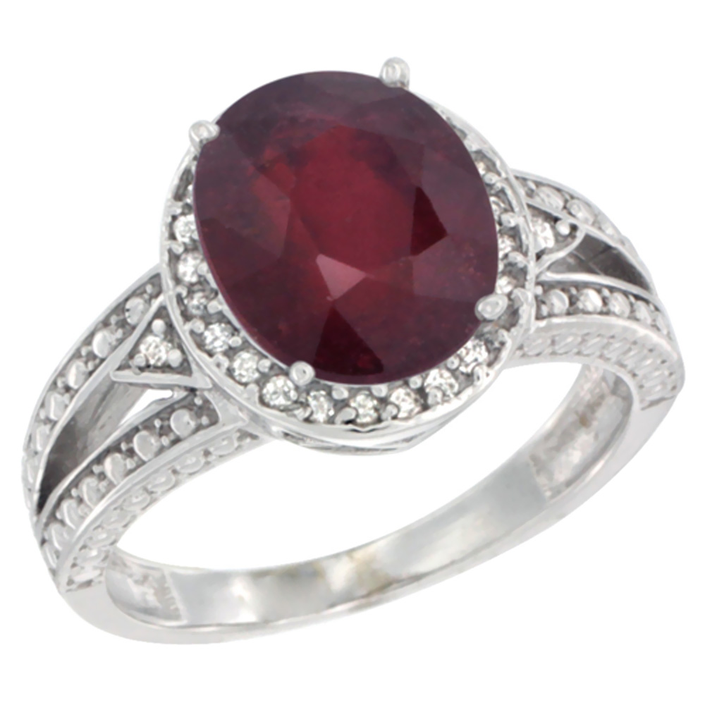 10k Yellow Gold Enhanced Ruby Ring Oval 9x7 mm Diamond Halo, sizes 5 - 10