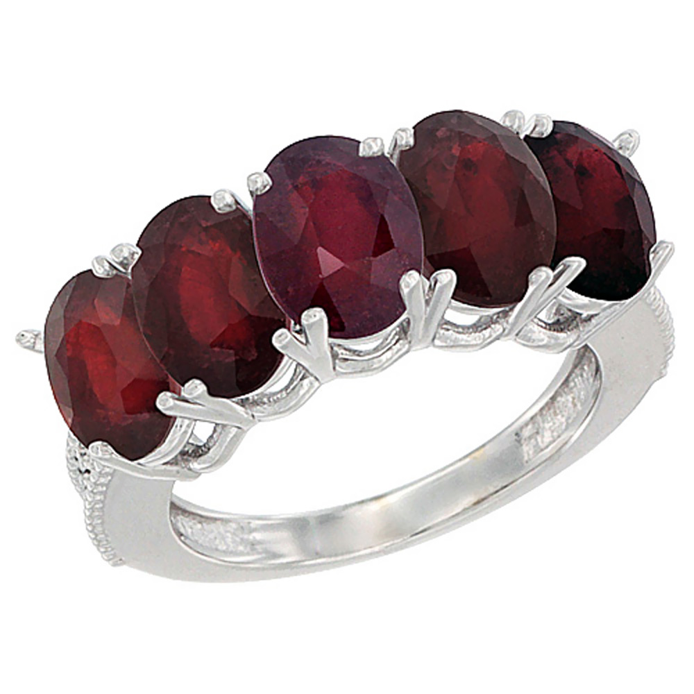 10K White Gold Enhanced Ruby 1.38 ct. Oval 7x5mm 5-Stone Mother's Ring with Diamond Accents, sizes 5 to 10 with half sizes