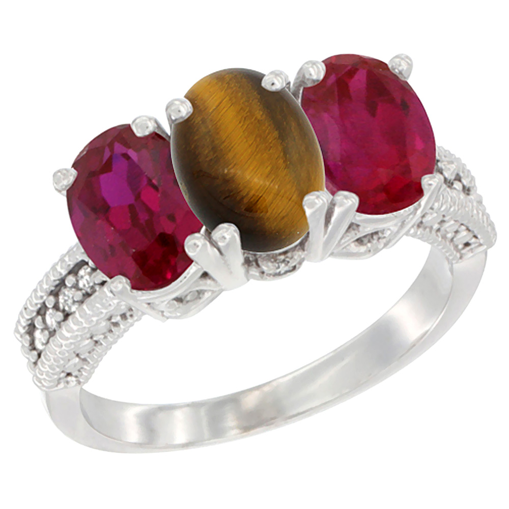 10K White Gold Diamond Natural Tiger Eye & Enhanced Ruby Ring 3-Stone 7x5 mm Oval, sizes 5 - 10