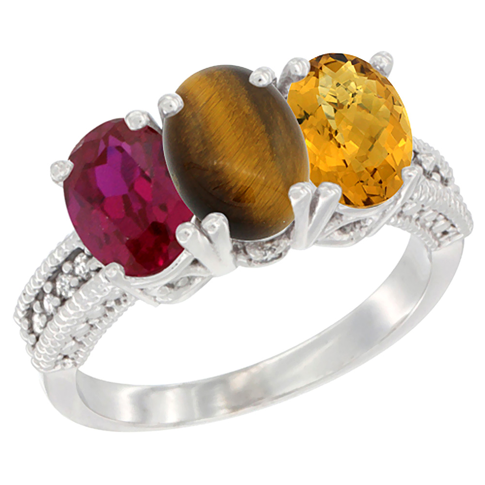 14K White Gold Enhanced Ruby, Natural Tiger Eye & Whisky Quartz Ring 3-Stone 7x5 mm Oval Diamond Accent, sizes 5 - 10