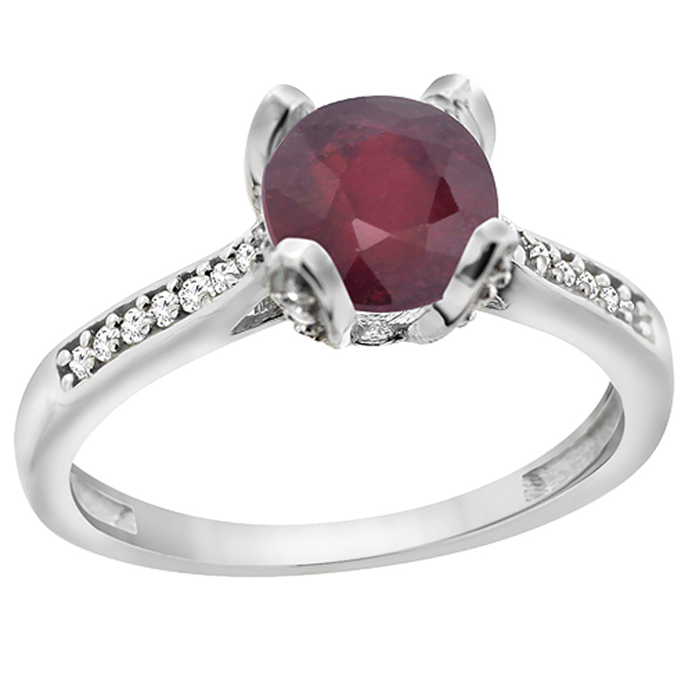 10K White Gold Diamond Enhanced Genuine Ruby Engagement Ring Round 7mm, sizes 5 to 10 with half sizes