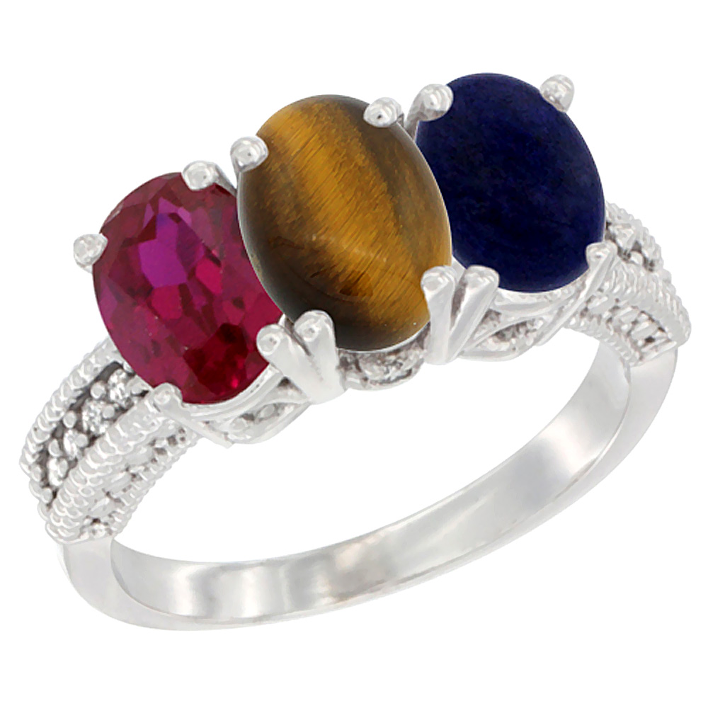 10K White Gold Diamond Enhanced Ruby, Natural Tiger Eye & Lapis Ring 3-Stone 7x5 mm Oval, sizes 5 - 10