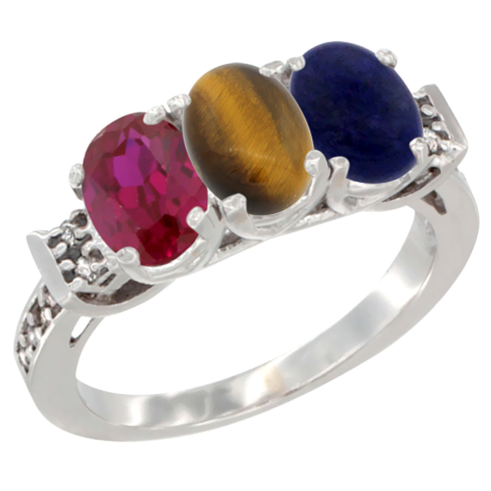 10K White Gold Enhanced Ruby, Natural Tiger Eye & Lapis Ring 3-Stone Oval 7x5 mm Diamond Accent, sizes 5 - 10