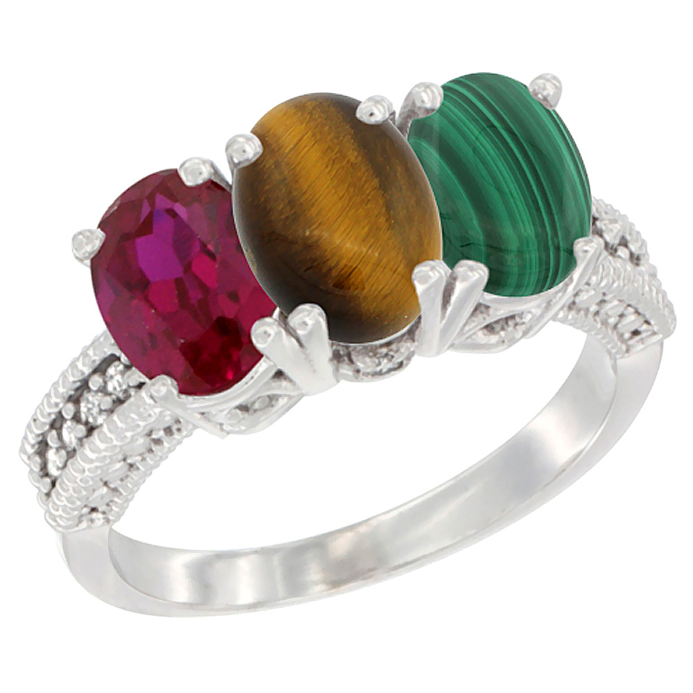 14K White Gold Enhanced Ruby, Natural Tiger Eye & Malachite Ring 3-Stone 7x5 mm Oval Diamond Accent, sizes 5 - 10