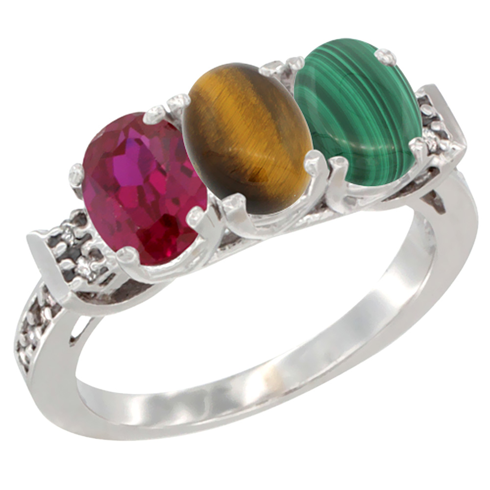 10K White Gold Enhanced Ruby, Natural Tiger Eye & Malachite Ring 3-Stone Oval 7x5 mm Diamond Accent, sizes 5 - 10