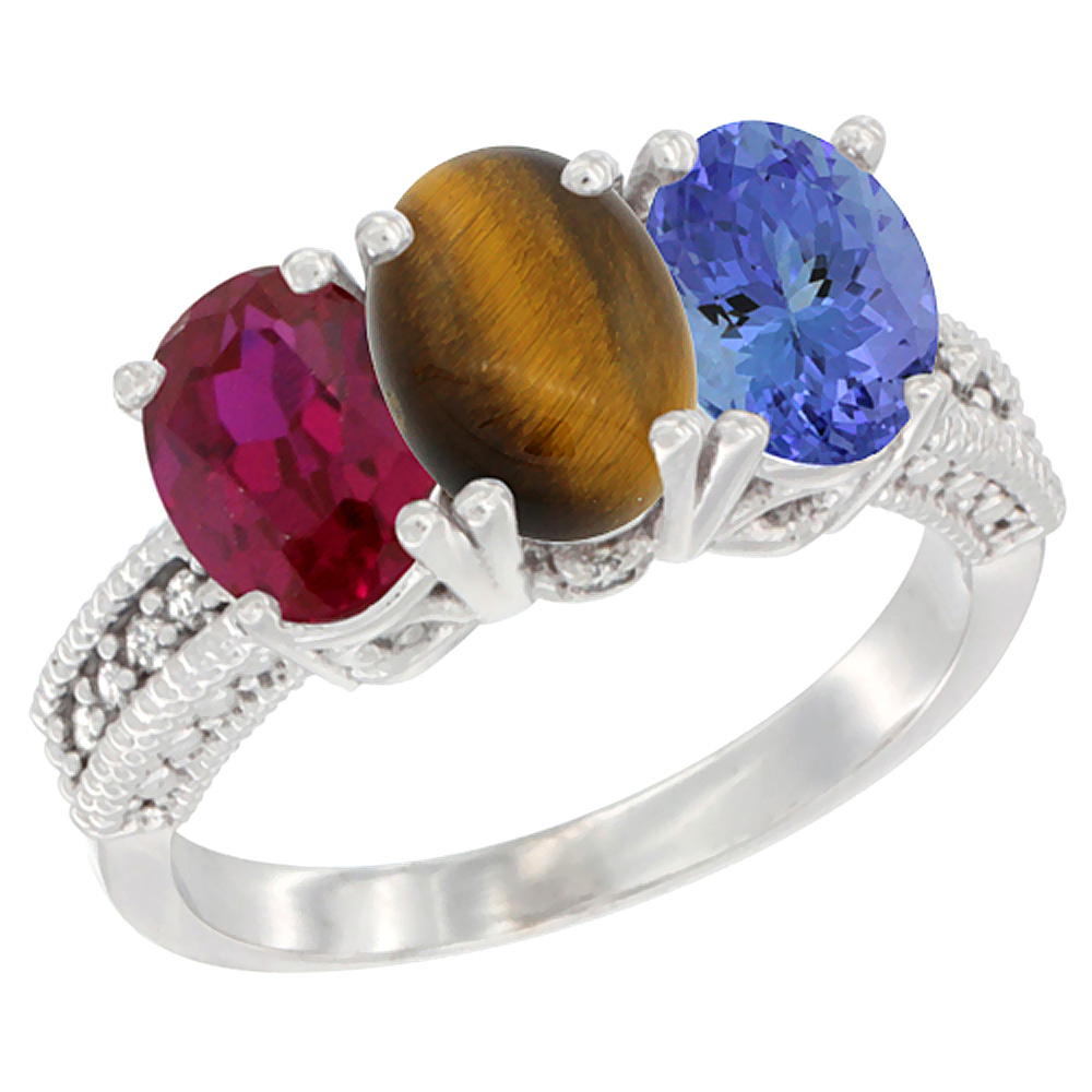 14K White Gold Enhanced Ruby, Natural Tiger Eye & Tanzanite Ring 3-Stone 7x5 mm Oval Diamond Accent, sizes 5 - 10