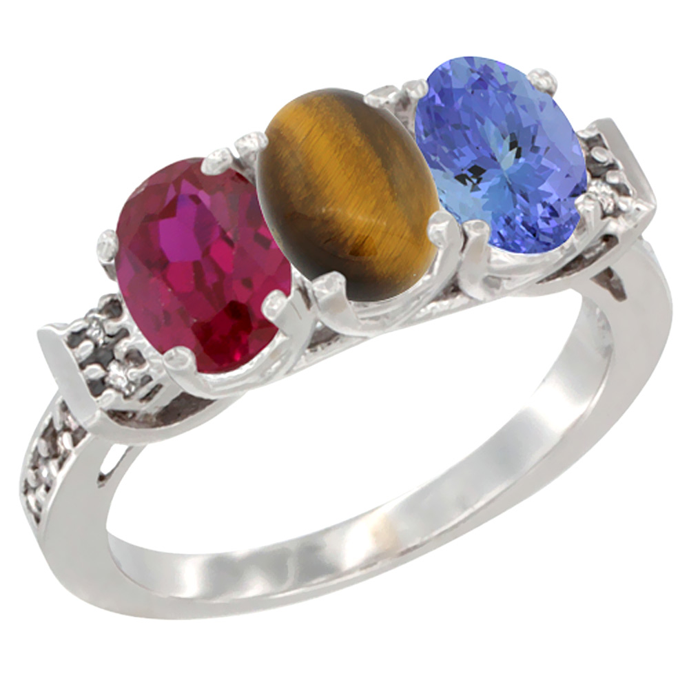 10K White Gold Enhanced Ruby, Natural Tiger Eye & Tanzanite Ring 3-Stone Oval 7x5 mm Diamond Accent, sizes 5 - 10